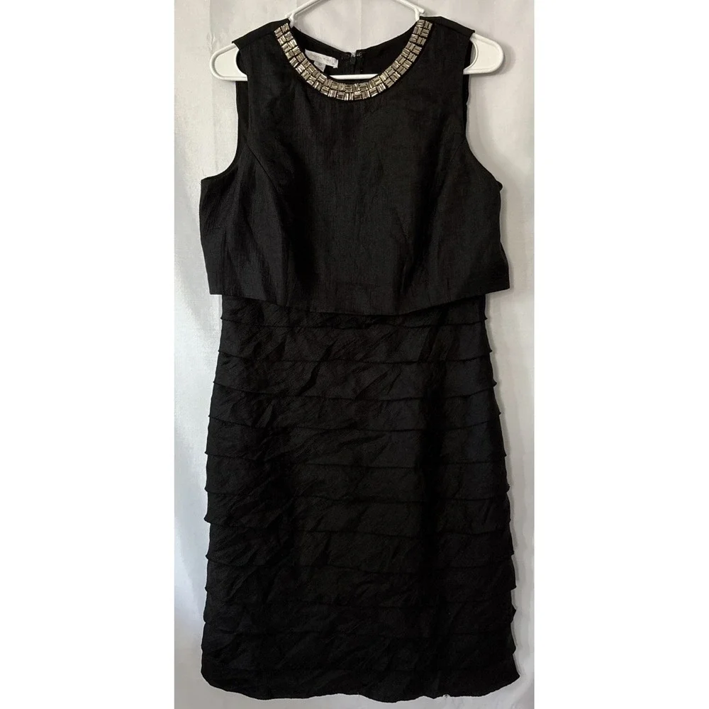 London‎ Times Sz 10 Jeweled Collar Shimmering Black Tiered Ruffle Cocktail Dress